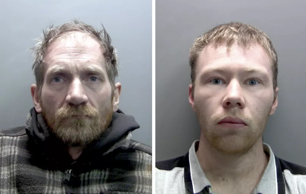 Undated handout photos issued by Northumbria Police of Daniel Daniel Graham, 39, left, and Adam Carruthers, 32, who were sentenced on Tuesday, July 15, 2025. (Northumbria Police via AP)
