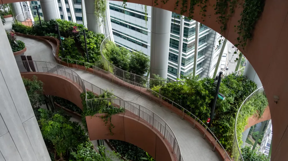 Singapore - 8 March 2024: View of the Green Oasis, an outdoor garden in the middle of the CapitaSpring building offers a re-connection with nature in the middle of the city