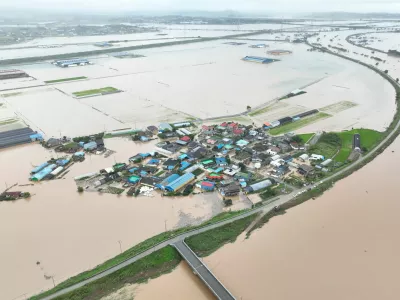 An aerial view of flooding caused by torrential rain in Yesan, South Korea, July 17, 2025.  Yonhap via REUTERS  THIS IMAGE HAS BEEN SUPPLIED BY A THIRD PARTY. NO RESALES. NO ARCHIVES. SOUTH KOREA OUT. NO COMMERCIAL OR EDITORIAL SALES IN SOUTH KOREA.