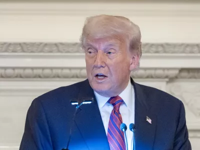 President Donald Trump speaks during a dinner for Republican senators in the State Dining Room of the White House, Friday, July 18, 2025, in Washington. (AP Photo/Alex Brandon)