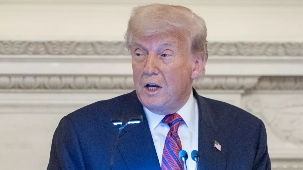 President Donald Trump speaks during a dinner for Republican senators in the State Dining Room of the White House, Friday, July 18, 2025, in Washington. (AP Photo/Alex Brandon)