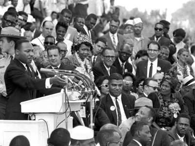 FILE - Martin Luther King Jr., head of the Southern Christian Leadership Conference, speaks to thousands during his "I Have a Dream" speech at the Lincoln Memorial during the March on Washington for Jobs and Freedom, Aug. 28, 1963, in Washington. (AP Photo/File)