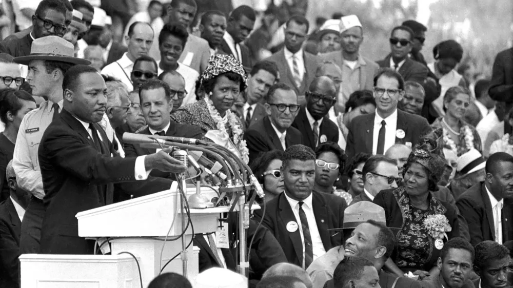 FILE - Martin Luther King Jr., head of the Southern Christian Leadership Conference, speaks to thousands during his "I Have a Dream" speech at the Lincoln Memorial during the March on Washington for Jobs and Freedom, Aug. 28, 1963, in Washington. (AP Photo/File)
