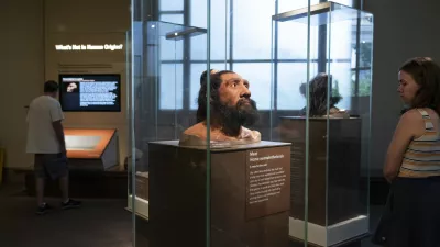 People visit exhibits inside the Smithsonian Hall of Human Origins, Thursday, July 20, 2023, at the Smithsonian Museum of Natural History in Washington. Until recently, the genetic legacy from ancient humans was invisible because scientists were limited to what they could glean from the shape and size of bones. But there has been a steady stream of discoveries from ancient DNA, an area of study pioneered by Nobel Prize winner Svante Paabo who first pieced together a Neanderthal genome. (AP Photo/Jacquelyn Martin)