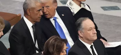 Former President Barack Obama talks with President-elect Donald Trump as Melania Trump listens and as Vice President Kamala Harris and second gentleman Doug Emhoff arrive, before the state funeral for former President Jimmy Carter at Washington National Cathedral in Washington, Thursday, Jan. 9, 2025. (AP Photo/Jacquelyn Martin)