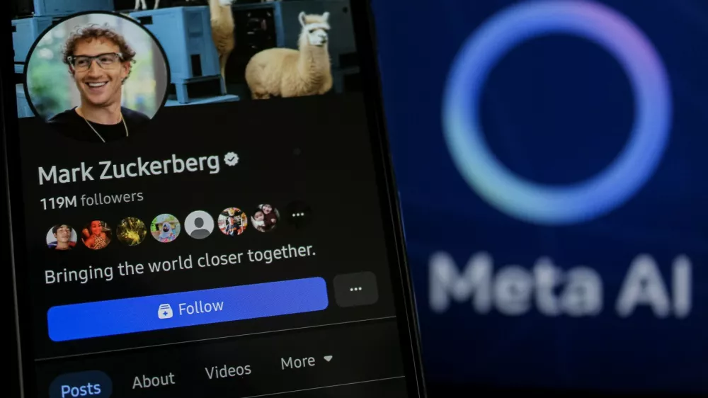 February 25, 2025, Bandung, West Java, Indonesia: In this photo illustration, the Mark Zuckerberg facebook account profiles displayed on a smartphone screen with Meta AI in the background.,Image: 968652813, License: Rights-managed, Restrictions:, Model Release: no / Foto: Algi Febri Sugita