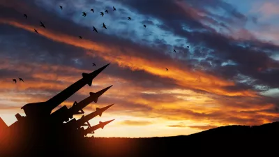 The missiles are aimed at the sky at sunset. Nuclear bomb, chemical weapons, missile defense, a system of salvo fire.