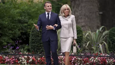 FILE - French President Emmanuel Macron and wife Brigitte arrive at 10 Downing Street in London, Wednesday, July 9, 2025.(AP Photo/Alberto Pezzali, Pool, File)