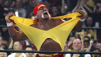 FILE - Hulk Hogan fires up the crowd between matches at WrestleMania 21 at the Staples Center in Los Angeles, April 3, 2005. (AP Photo/Chris Carlson, File)