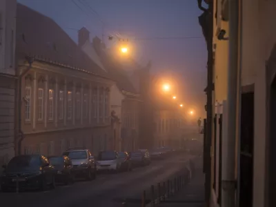 Street in fog in the Upper Town at night in winter, Zagreb, Croatia
