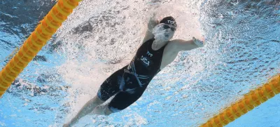Katie Ledecky of the United States competes in the women's 1500m freestyle final at the World Aquatics Championships in Singapore, Tuesday, July 29, 2025. (AP Photo/Lee Jin-man)