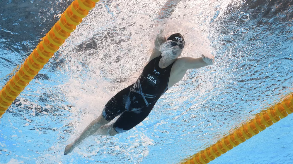 Katie Ledecky of the United States competes in the women's 1500m freestyle final at the World Aquatics Championships in Singapore, Tuesday, July 29, 2025. (AP Photo/Lee Jin-man)