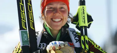 Biathlon - IBU World Championships - Women 12.5 km Mass Start - Hochfilzen, Austria - 19/2/17 - Laura Dahlmeier of Germany displays her medals.  REUTERS/Leonhard Foeger TPX IMAGES OF THE DAY