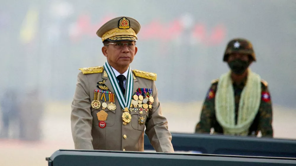 FILE PHOTO: Myanmar's junta chief Senior General Min Aung Hlaing, who ousted the elected government in a coup on February 1, 2021, presides over an army parade on Armed Forces Day in Naypyitaw, Myanmar, March 27, 2021. REUTERS/Stringer/File Photo