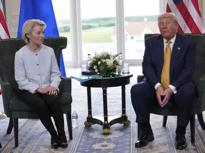 President Donald Trump meets European Commission President Ursula von der Leyen for bilateral talks at the Trump Turnberry golf course in Turnberry, Scotland Sunday, July 27, 2025. (AP Photo/Jacquelyn Martin)