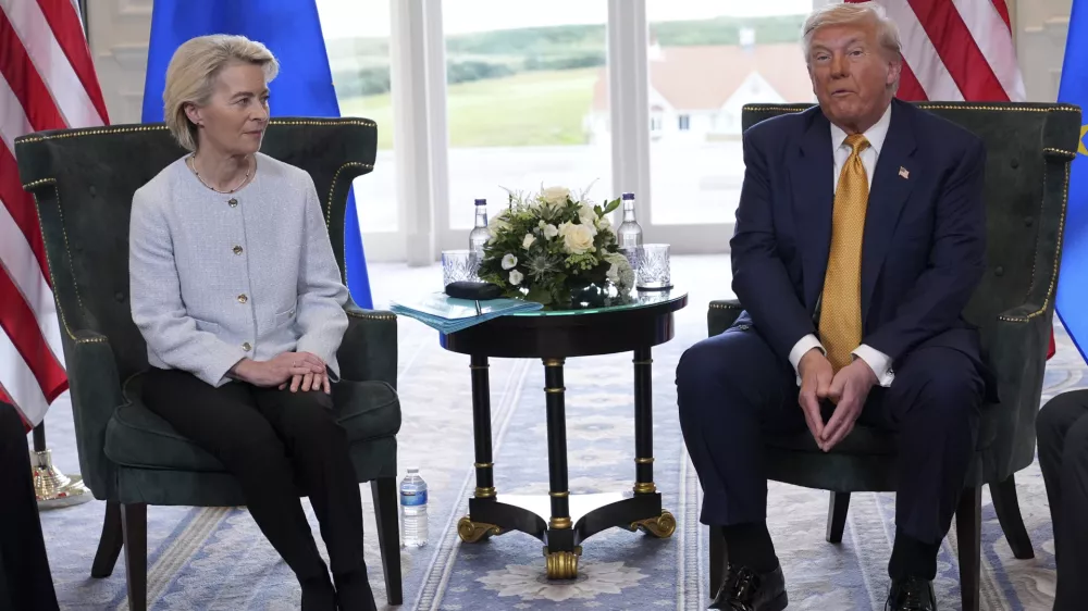 President Donald Trump meets European Commission President Ursula von der Leyen for bilateral talks at the Trump Turnberry golf course in Turnberry, Scotland Sunday, July 27, 2025. (AP Photo/Jacquelyn Martin)