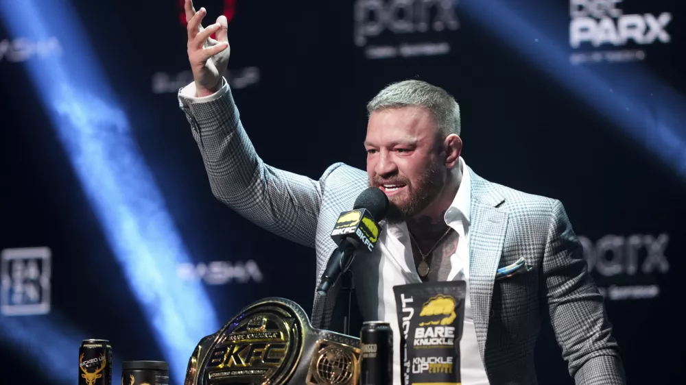 FILE - Conor McGregor speaks during a KnuckleMania V boxing news conference, Thursday, Jan. 23, 2025, in Bensalem, Pa. (AP Photo/Matt Rourke, File)