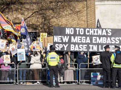 March 15, 2025, London, England, United Kingdom: Thousands of Hong Kongers, Taiwanese, Tibetans, Uyghurs and supporters gathered by the historic former Royal Mint Court in London to protest against the plan to move the Chinese Embassy to this historical site. Protesters says the Chinese Government is not trustworthy and going to use the embassy to spy on Britain. Along it will be the largest Chinese Embassy in whole Europe. (Credit Image: &copy; Krisztian Elek/ZUMA Press Wire)
