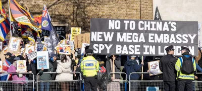 March 15, 2025, London, England, United Kingdom: Thousands of Hong Kongers, Taiwanese, Tibetans, Uyghurs and supporters gathered by the historic former Royal Mint Court in London to protest against the plan to move the Chinese Embassy to this historical site. Protesters says the Chinese Government is not trustworthy and going to use the embassy to spy on Britain. Along it will be the largest Chinese Embassy in whole Europe. (Credit Image: © Krisztian Elek/ZUMA Press Wire)