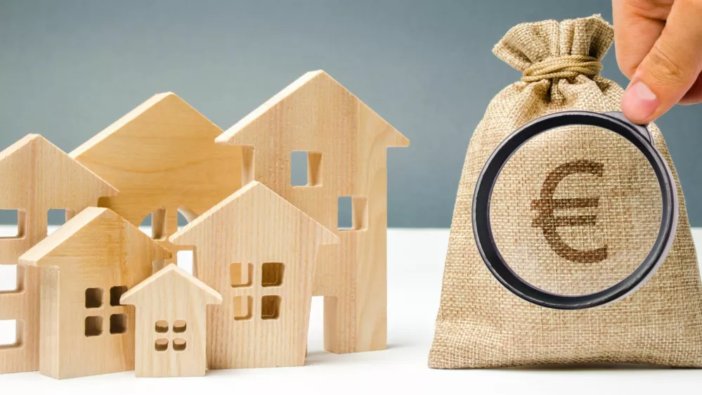 Bag with money and euro sign and wooden houses. Financing in the country. Investing money in real estate. Saving and accumulation of money. Mortgage. Buying a home. Property sale. City budget.