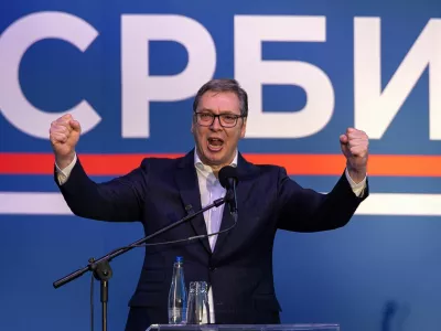 Serbia's President Aleksandar Vucic speaks during a rally to promote the newly formed "The Movement for the People and the State," and to express opposition to months of student protests, in Nis, Serbia, May 17, 2025. REUTERS/Marko Djurica