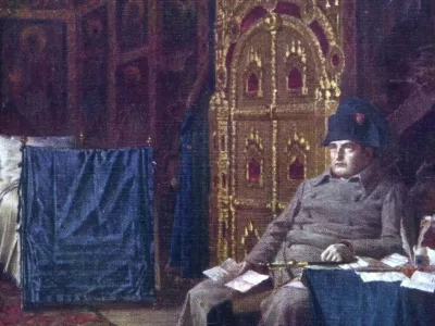 Napoleon I reading his post in Moscow: Russia Campaign. 1812. Paris, Fondation Napoleon. (Photo by: Photo12/Fondation Napoleon/Universal Images Group via Getty Images)