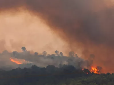 Trees burn during a wildfire at sunrise near Saint-Laurent-de-la-Cabrerisse, near Narbonne, southern France, August 6, 2025. REUTERS/Manon Cruz REFILE - QUALITY REPEAT