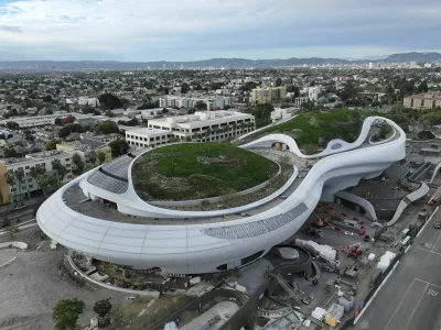 A general overall aerial view of the Lucas Museum of Narrative Arts Friday, Nov. 29, 2024, in Los Angeles. (Kirby Lee via AP)