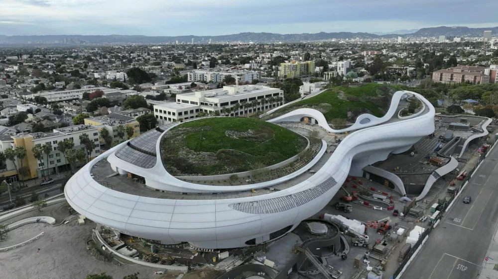 A general overall aerial view of the Lucas Museum of Narrative Arts Friday, Nov. 29, 2024, in Los Angeles. (Kirby Lee via AP)