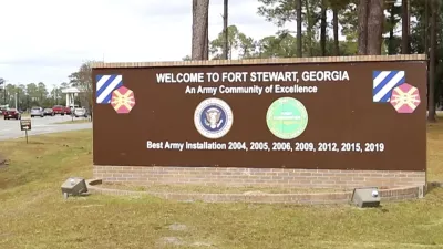 This image from video provided by the U.S. Army via DVIDS shows the entrance to Fort Stewart in Georgia on Nov. 18, 2021. (Staff Sgt. Daniel Guerrero/U.S. Army via AP)