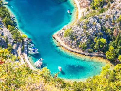 Zavratnica bay fjord under Velebit mountain aerial summer view, scenic archipelago of Croatia