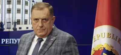 Bosnian Serb President Milorad Dodik looks on during a press conference after an appeals court in Bosnia-Herzegovina confirmed an earlier court ruling that sentenced to one year in prison and banned him from politics for six years over his separatist actions, in the Bosnian town of Banja Luka, 240 kms northwest of Sarajevo, Friday, August. 1, 2025. (AP Photo/Radivoje Pavicic)