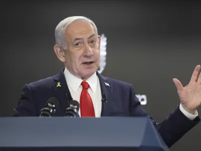 Israeli Prime Minister Benjamin Netanyahu speaks during a press conference at the Prime minister's office in Jerusalem, Sunday, Aug. 10, 2025. (Abir Sultan/Pool Photo via AP)