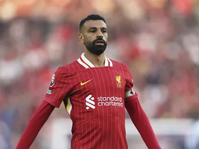 FILE - Liverpool's Mohamed Salah during the English Premier League soccer match between Brighton and Liverpool at American Express Stadium in Brighton, England, Monday, May 19, 2025. (AP Photo/Ian Walton, File)