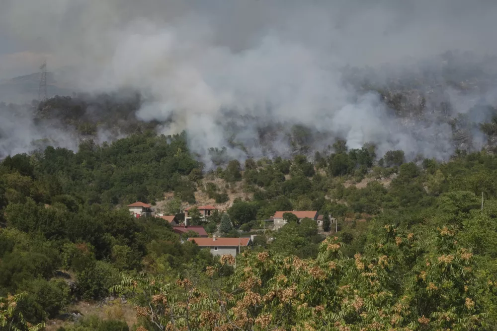 Smoke rises from trees burning in a wildfire near Montenegro's capital of Podgorica, Monday, Aug. 11, 2025. (AP Photo/Risto Bozovic)