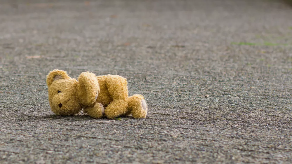 Teddy bear lies on the road