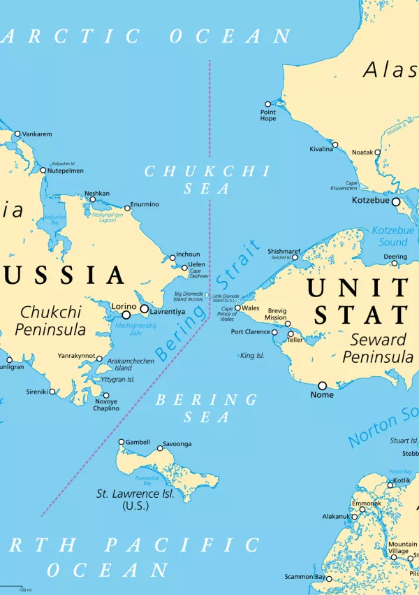Bering Strait, political map. Strait between the North Pacific Ocean and the Arctic Ocean, separating the Chukchi Peninsula of the Russian Far East from the Seward Peninsula of Alaska, United States. / Foto: Peterhermesfurian