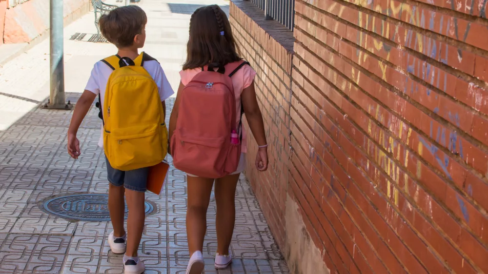 Rear view Elementary school children with school bags on their first day of school. Education concept / Foto: Nanci Santos