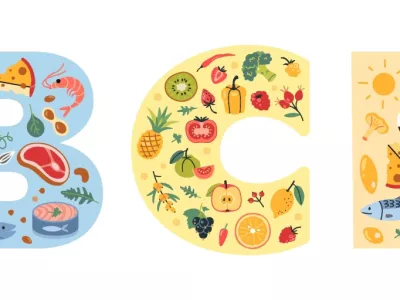 Vitamins A, B, C, D and E with food sources. Fruits, vegetables, nuts, berries, Sea food, fish and meat. Trendy modern vector illustration isolated on white background, hand drawn, flat design. / Foto: Elena Shlyuykova