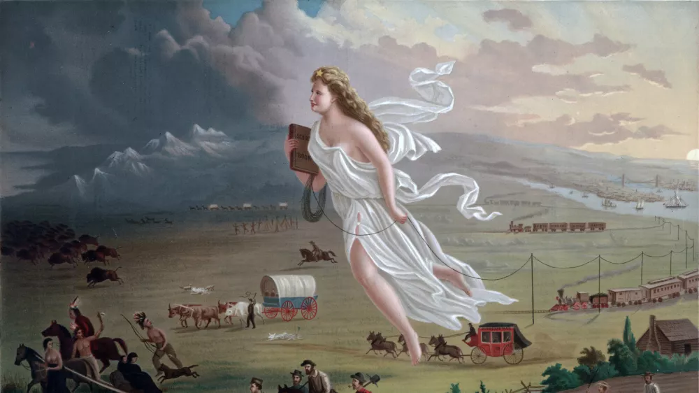 Slika Ameri&scaron;ki napredek (1872) Johna Gasta je alegorična upodobitev modernizacije novega zahoda. Kolumbija, poosebitev Združenih držav, je prikazana, kako z ameri&scaron;kimi naseljenci vodi civilizacijo. / Foto: Wikipedia