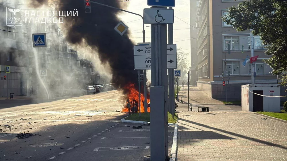 A car burns following what local authorities called a Ukrainian drone attack in the course of Russia-Ukraine conflict in Belgorod, Russia August 14, 2025. Governor of Belgorod Region Vyacheslav Gladkov via Telegram/Handout via REUTERS ATTENTION EDITORS - THIS IMAGE HAS BEEN SUPPLIED BY A THIRD PARTY. NO RESALES. NO ARCHIVES. MANDATORY CREDIT. WATERMARK FROM SOURCE.