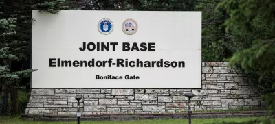 A sign sits at Joint Base Elmendorf-Richardson is seen ahead of a planned meeting between U.S. President Donald Trump and Russian President Vladimir Putin to discuss the war in Ukraine, in Anchorage, Alaska, U.S., August 13, 2025. REUTERS/Jeenah Moon