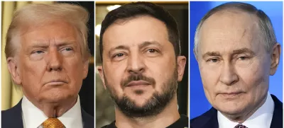 FILE - In this combination of file photos, U.S. President Donald Trump, left, and Ukraine's President Volodymyr Zelenskyy, center, are seen at the Elysee Palace, Dec. 7, 2024 in Paris, and Russian President Vladimir Putin addresses a Technology Forum in Moscow on Feb. 21, 2025. (AP Photo/Aurelien Morissard, left and center, Pavel Bednyakov, right, File)