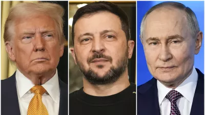 FILE - In this combination of file photos, U.S. President Donald Trump, left, and Ukraine's President Volodymyr Zelenskyy, center, are seen at the Elysee Palace, Dec. 7, 2024 in Paris, and Russian President Vladimir Putin addresses a Technology Forum in Moscow on Feb. 21, 2025. (AP Photo/Aurelien Morissard, left and center, Pavel Bednyakov, right, File)