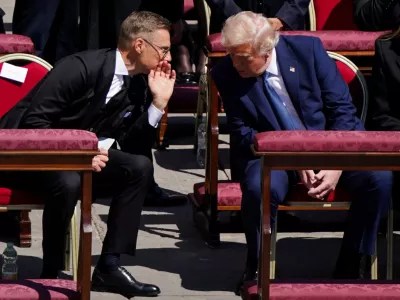 U.S President Donald Trump and Finland's President Alexander Stubb attend the funeral Mass of Pope Francis in St. Peter's Square at the Vatican, April 26, 2025. REUTERS/Nathan Howard  TPX IMAGES OF THE DAY