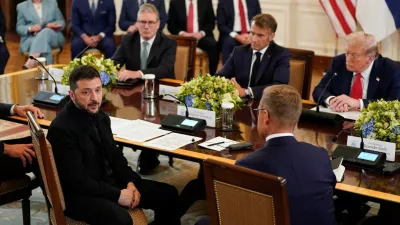 Ukrainian President Volodymyr Zelenskiy speaks during a meeting with U.S. President Donald Trump, French President Emmanuel Macron, British Prime Minister Keir Starmer, and Finland's President Alexander Stubb amid negotiations to end the Russian war in Ukraine, at the White House in Washington, D.C., U.S., August 18, 2025. REUTERS/Al Drago
