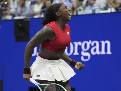 Coco Gauff, of the United States, celebrates winning a match agains Ajla Tomljanovic, of Australia, during the first round of the U.S. Open tennis championships, Tuesday, Aug. 26, 2025, in New York. (AP Photo/Frank Franklin II)