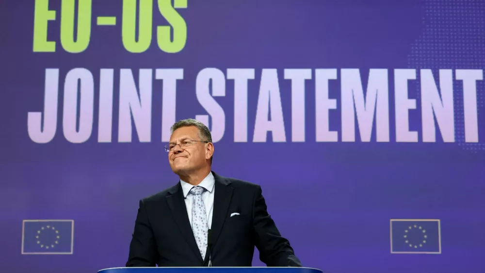 European Commissioner for Trade Maros Sefcovic reacts as he addresses the media on the EU-US trade deal, in Brussels, Belgium, August 21, 2025. REUTERS/Yves Herman