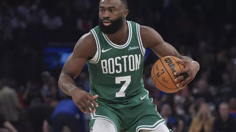 FILE - Boston Celtics' Jaylen Brown during the second half of Game 6 in the Eastern Conference semifinals of the NBA basketball playoffs against the New York Knicks, May 16, 2025, in New York. (AP Photo/Frank Franklin II, File)
