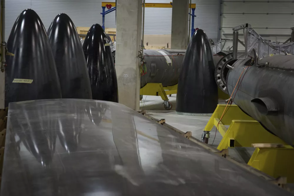 Parts of Flamingo missiles are seen at Fire Point's secret factory in Ukraine on Monday, Aug. 18, 2025. (AP Photo/Efrem Lukatsky)